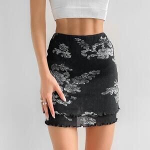 Free People Medium Poppy Mesh Mini Skirt Black Cotton Floral Elastic Waist